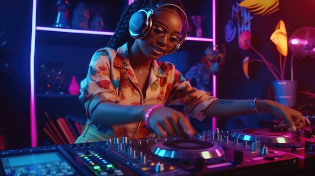 Candid um DJ entusiasmado jovem mulher africana misturando música em toca-discos com fones de ouvido generativo ai AIG32