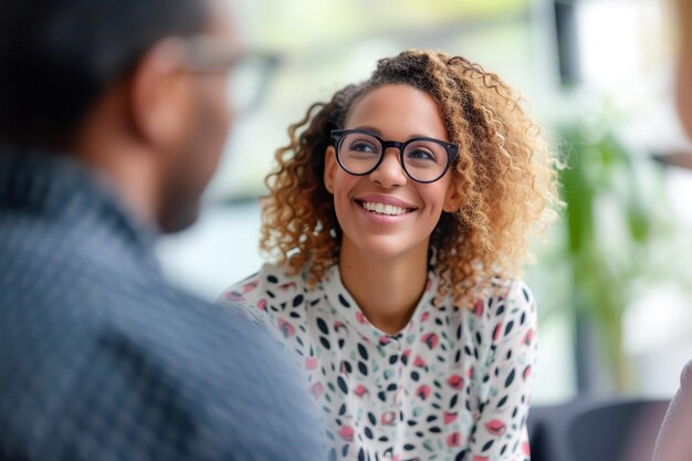 Candidata bonita para um emprego de gerente mostra diversidade no processo de entrevista de negócios inclusivo