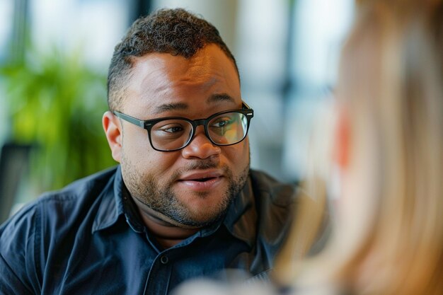 Candidato de emprego especialista com síndrome de Down mostra diversidade no processo de entrevista de negócios inclusivo