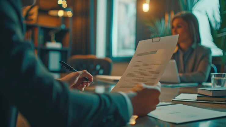 Candidato a una entrevista de trabajo profesional que presenta su currículum al entrevistador en Well