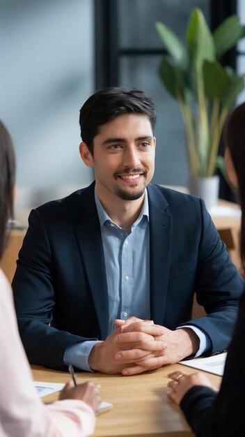 Candidato masculino entrevistado por un equipo de recursos humanos diverso