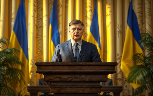 Foto el candidato presidencial ucraniano pronuncia un discurso apasionado desde el podio interactuando con los ciudadanos durante un mitin político