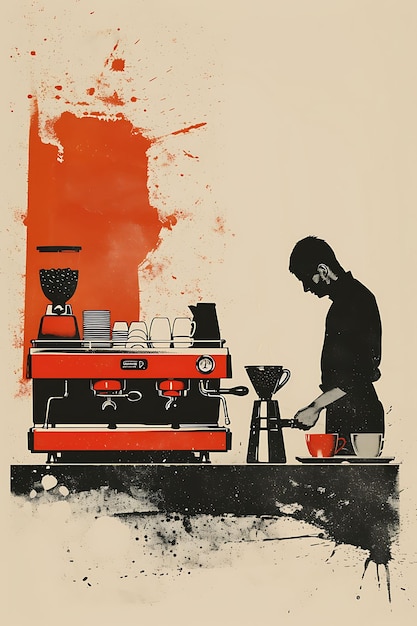 Foto un candidato visitando una cafetería con un concepto de diseño de tarjetas postales con un póster de espresso machi rojo