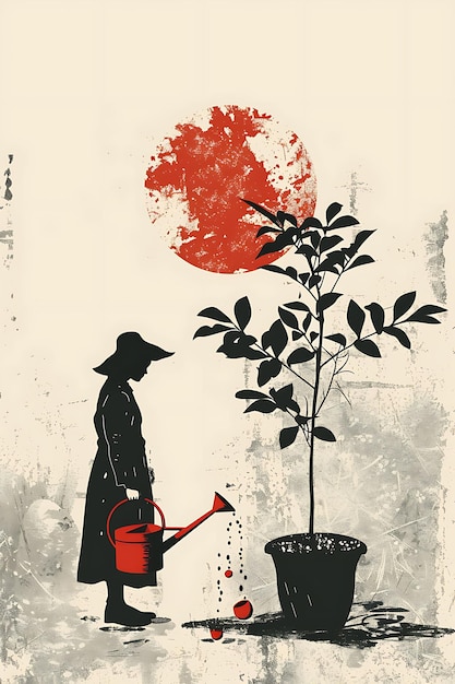 Un candidato visitando un centro de jardinería con un cartel de riego rojo Concepto de diseño de postales
