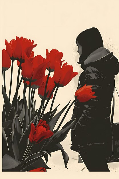 Un candidato visitando una floristería con un pétalo de tulipán rojo Te Poster Banner Concepto de diseño de tarjeta postal