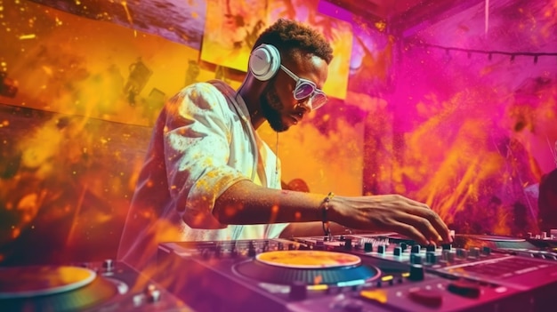Cândido, um jovem DJ africano empolgado misturando música em toca-discos com fones de ouvido lindo Generative AI AIG32