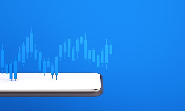 Candle-stick-diagramm des online-börsenhandels mit mobiltelefon, 3d-rendering-illustrationshintergrund