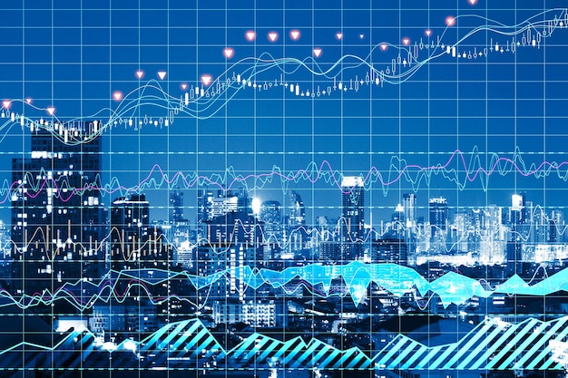 Candle-Stick-Rasterdiagramm des Aktienmarkt-Investitionshandels Bullischer Punkt Bärischer Punkt und Finanzwachstumskonzept Verschwommener Stadthintergrund Doppelbelichtung