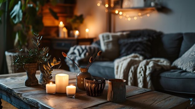 Foto candlelit comfort bohoinspired wohnzimmer tischgestaltung generative ki