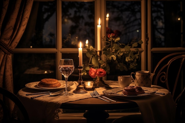 Candlelit-Tischgestaltung für zwei Personen mit Kerzen und Blumen von Generative Ai