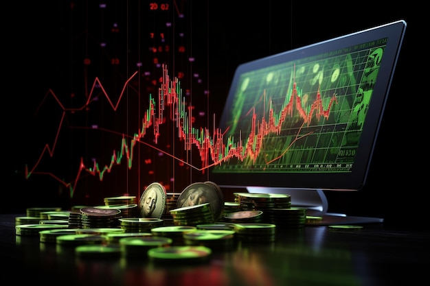 Candlestick-Diagramm und Daten des Weltfinanzmarktes, angezeigt auf einem Laptop. Generative KI