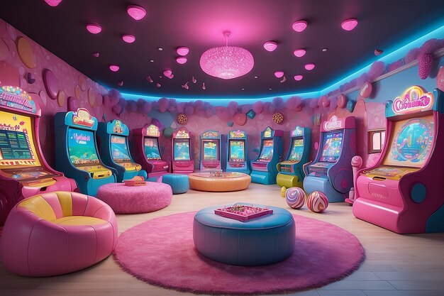 Foto candylandinspired gaming lounge modelos interiores da sala de jogos com espaço de cópia em branco