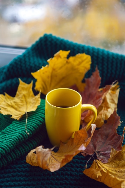 Caneca amarela com chá e folhas de bordo amarelas fica em uma janela branca no outono