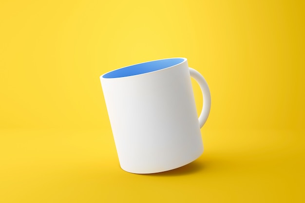 Caneca branca clássica e azul dentro sobre fundo de verão amarelo vívido com estilo de maquete de modelo em branco. copo vazio ou caneca de bebida. renderização em 3d.