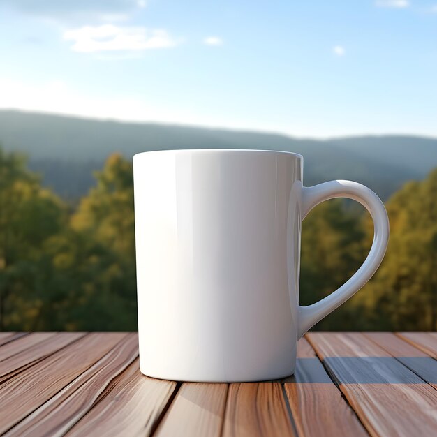 Caneca colocada contra uma cena serena e encantadora