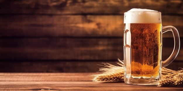 caneca com cerveja em um fundo de madeira com espaço de cópia