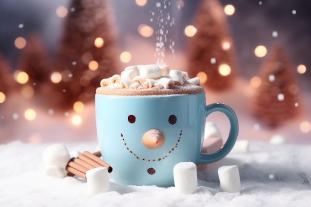 Caneca com chocolate quente e boneco de neve de marshmallow derretido ilustração gerada por IA