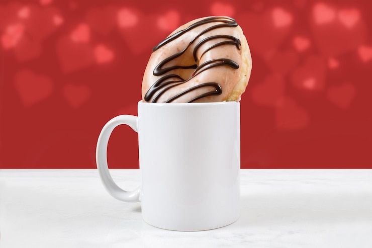 Foto caneca de café de 11 onças e maquete de rosquinha com corações