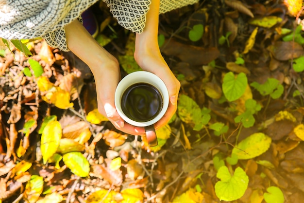 Caneca de café em madeira de outono. Mulher segurando o copo com bebida quente. Clima aconchegante. Folhas vermelhas e amarelas. Natureza bela.