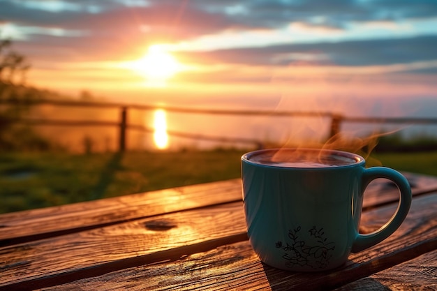 Caneca de café serenidade matinal em madeira abraçada pelo nascer do sol e pela natureza