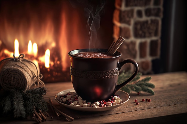Caneca de canela de chocolate quente está na mesa em frente à lareira acesa Ilustração 3d do conforto do lar de Natal