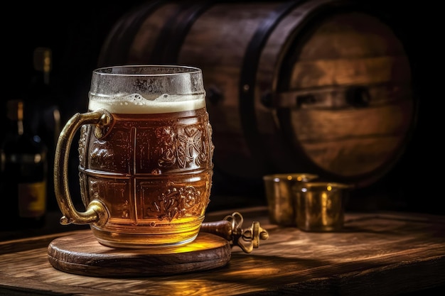 Caneca de cerveja com cevada de trigo e barris em fundo ainda vida cópia espaço ai gerado