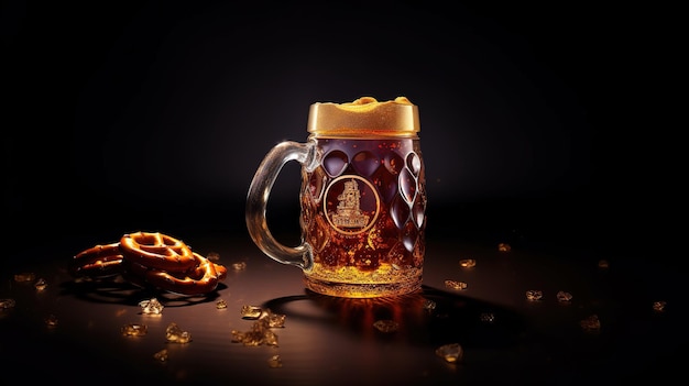 Caneca de cerveja com pretzel e decoração bávara Generative AI