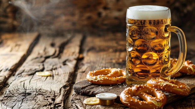 Caneca de cerveja e pretzels colocados em mesa de madeira rústica Perfeito para designs temáticos de pub ou Oktoberfest