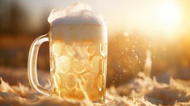 Caneca de cerveja iluminada pelo sol transbordando de espuma Generative AI