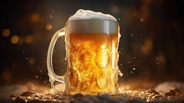 Caneca de cerveja transbordando com espuma Generative AI