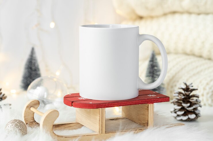 Caneca de chá de cerâmica branca com decoração de Natal e espaço de cópia para sua maquete de design para o Natal