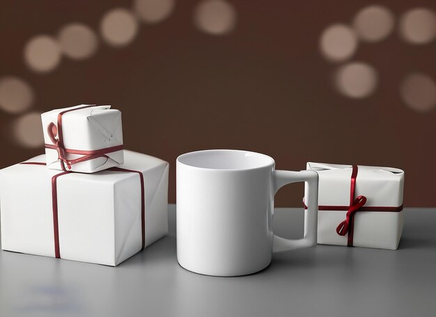 Caneca de chá ou café com renderização em 3D de presentes de Natal