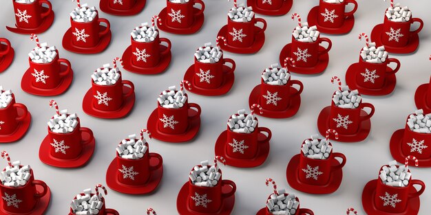 Caneca de chocolate com marshmallows e pirulito. bebida de natal. copie o espaço. ilustração 3d.