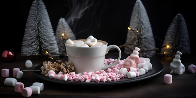 Caneca de chocolate quente com marshmallow branco e rosa e doces Prato de Natal IA gerada