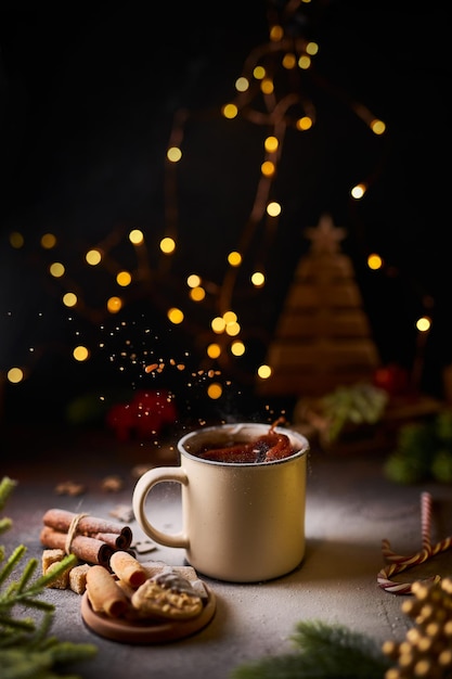 Caneca de chocolate quente rodeada de enfeites de Natal