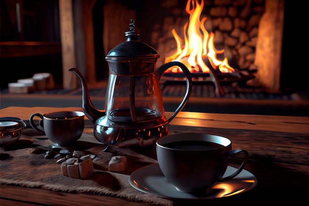 Caneca de dia de inverno aconchegante com chá quente na mesa de madeira em frente à lareira como pano de fundo