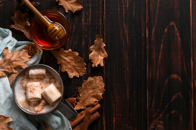 Caneca de ferro com cacau, mel, marshmallows, especiarias, sobre um fundo de um cachecol, folhas secas em uma mesa de madeira. Clima de outono, uma bebida quente. copyspace.
