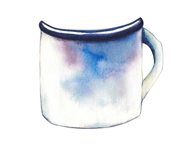 Caneca esmaltada. Ilustração em aquarela sobre um fundo branco. Ele pode ser usado para cartões, cartazes, cartões de casamento.