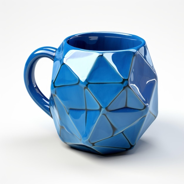 Foto caneca geométrica azul impressa em 3d desenho de facetagem cubista