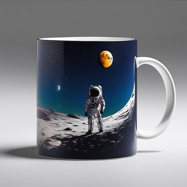 Caneca Noite estrelada com lua crescente e astronauta à deriva