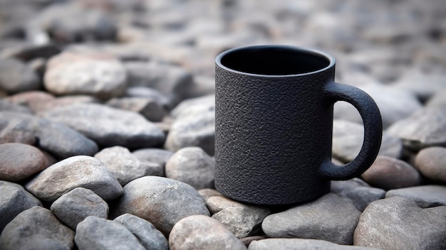 Caneca preta de maquete de café no fundo de pedras de seixo