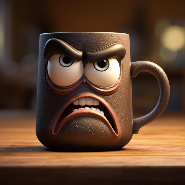 Caneca Vray com rosto irritado 3d traçado com estilo Pixar e energia intensa