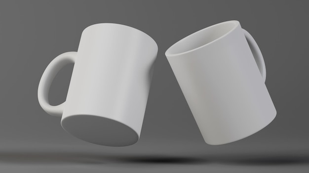 Canecas brancas em fundo cinza mockup 3d render