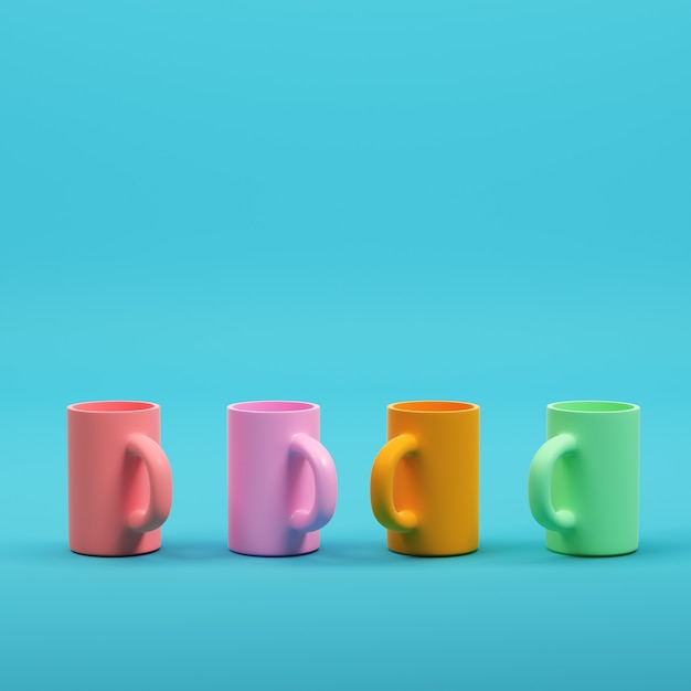 Canecas de café coloridas sobre fundo azul brilhante em tons pastel. Conceito de minimalismo. 3d render