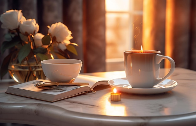 Canecas de café e velas na sala de estar com Generative AI