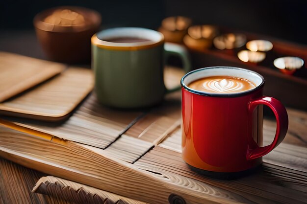 canecas de café sobre uma mesa com as palavras "café" no topo.