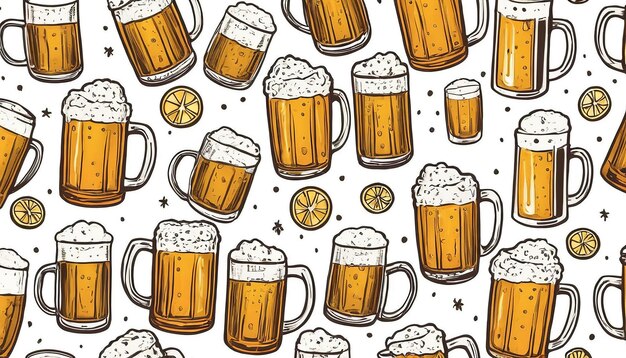 Canecas de cerveja desenhadas à mão em fundo vetorial