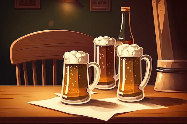 Canecas de cerveja sobre uma mesa