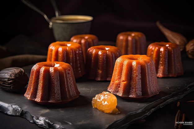 Canele bolo tradicional França sobremesa tradicional Caneles de Bordeaux em fundo escuro Abstracto Ilustração de IA generativa