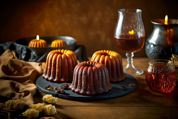 Canele de confitería en soporte negro junto a una taza de té en la mesa de madera